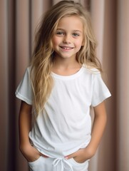 Little pretty girl smiling model posing at camera in bright studio. Generative AI