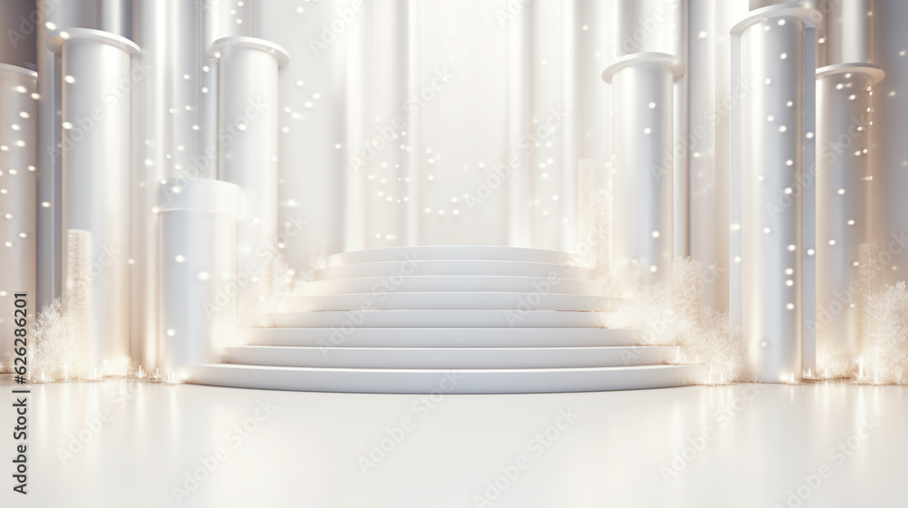 Wall mural festive empty white stage or podium for product presentation, background with shiny glow beams light