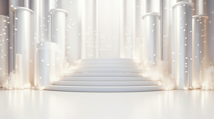Festive empty white stage or podium for product presentation, background with shiny glow beams lights and bokeh. Generative AI - obrazy, fototapety, plakaty