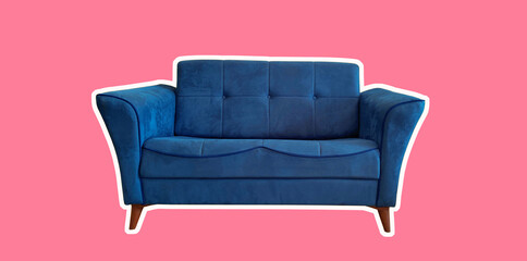 Blue sofa with legs isolated on pink background, fashion magazine style