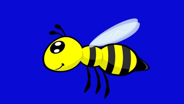 video animation of wasp insect cartoon moving wings, on a blue chroma key background