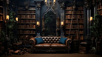 Library room: bookshelves, reading chairs, literary elements