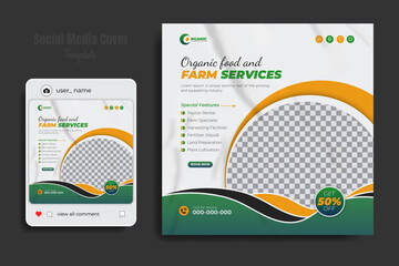 Organic food and agriculture service for social media cover or post design template, modern lawn mower garden, or landscaping service with green gradient background and abstract yellow color shape
