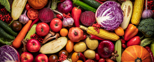 panoramic photo of a fresh harvest of fruits and vegetables. A mix of healthy nutrition vitamins and antioxidants, a colorful bright appetizing background