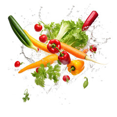 Boiled bright pieces of vegetables are flying on a white background. © Zaleman