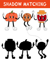 Autumn shadow matching activity with groovy in 80s, 70s style. Fall holiday puzzle with pumpkin, cockie and jam. Find correct silhouette printable worksheet or game.