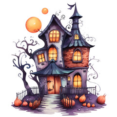 Fototapeta na wymiar Haunted House Halloween Watercolor