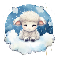 Cute watercolor baby good night sheep on moon Illustration.