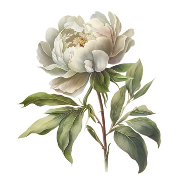  Watercolor white peonies illustration on transparent background. Illustration for card, celebration, wedding, invitation, postcard