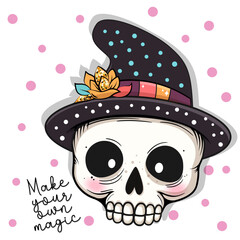 Cute cartoon skull in hat. Halloween party. Vector illustration.