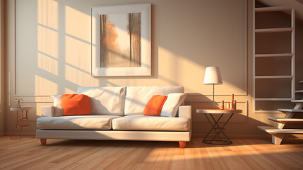 interior of living room with sofa and brown floor with sunlight 3d rendering