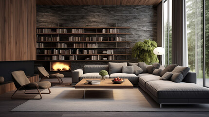 interior of modern living room panorama 3d rendering