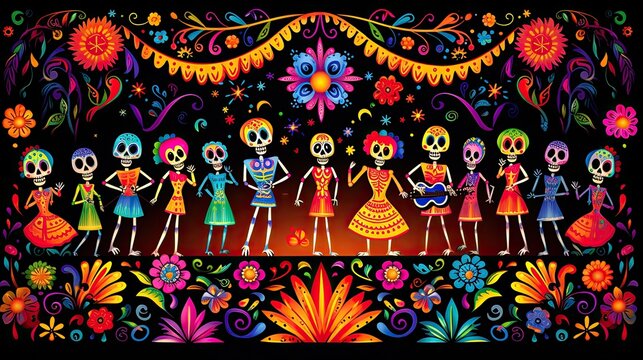 Dia de Los muertos. Day of the dead mexican background. Death festival celebration with skulls. AI illustration. 