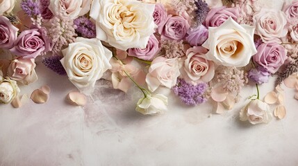 Obraz na płótnie Canvas Roses background. Floral flat lay decoration. AI illustration..