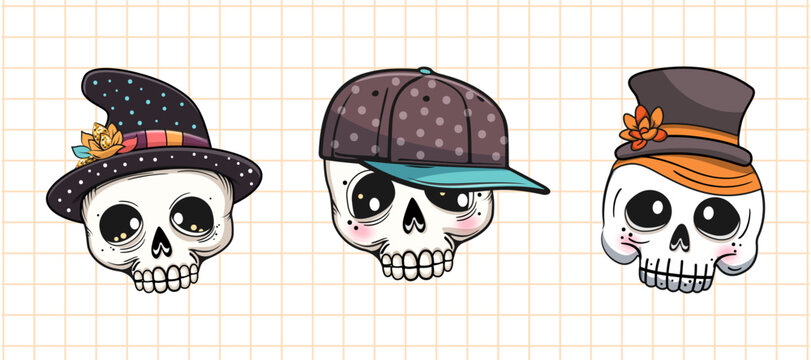 Cute cartoon skulls set. Halloween party. Vector illustration.