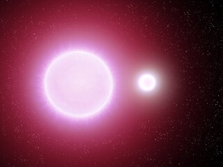Double star system. Two bright suns in space. Stars revolve around a common center of mass.