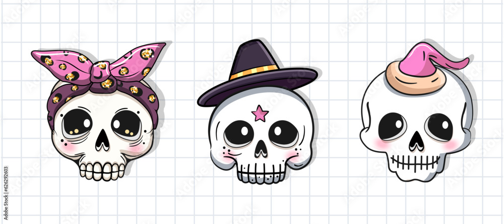 Wall mural Cute cartoon skulls set. Halloween party. Vector illustration. - Wall murals