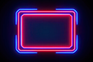 A blank blue red neon frame against a black background with negative space as copy space advertising products or advertising prizes.