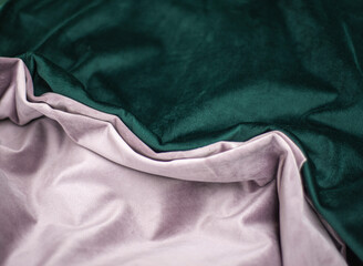 emerald and pink pleated velvet background image, green and pink silk fabric for background web...