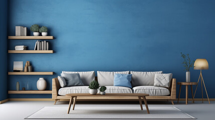 modern interior of living room with sofa wooden coffee and blue wall