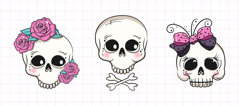 Cute cartoon skulls set. Halloween party. Vector illustration.