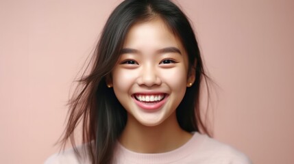 Fototapeta premium Asian Girls' Education. Happy beautiful Asian Girl is smilling on color background. Generative AI