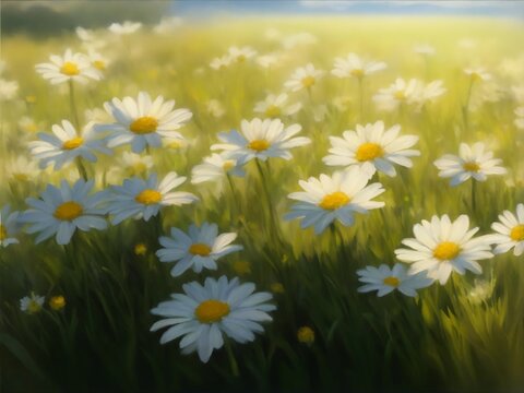 daisy flowers blooming on meadow, sunshine, low eangle, back light, oil painting, realistic
