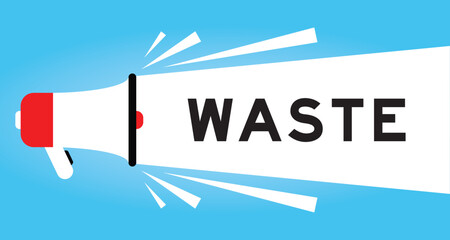 Color megaphone icon with word waste in white banner on blue background