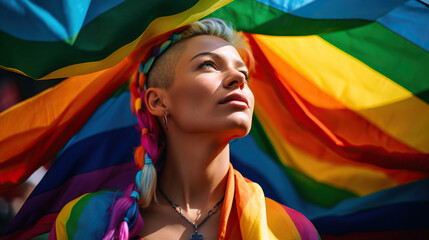 Proud Young Woman Displaying LGBTQ Pride with a Rainbow Flag
