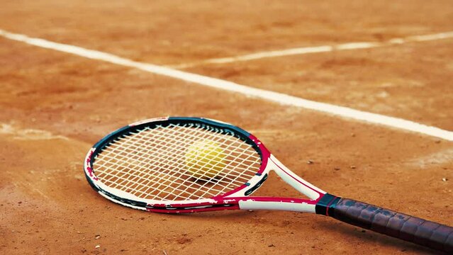 tennis racket with a ball lying on an orange court