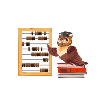 Owl teacher sitting on a stack of books and pointing schoty