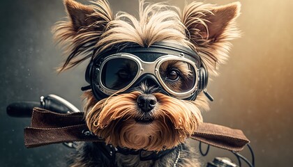 realistic and joyful dog with shades background for outdoor adventure generative ai