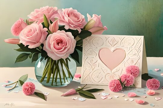 background with roses and heart card mothers day special AI Generated 