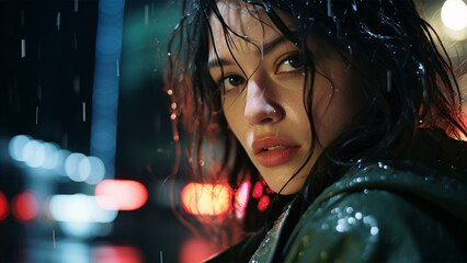 Portrait of a wet woman in the rain under the street light