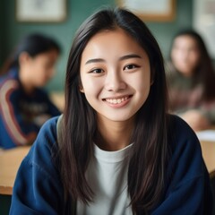 Asian Girls' Education. Happy beautiful Asian Girl is smilling. Generative AI