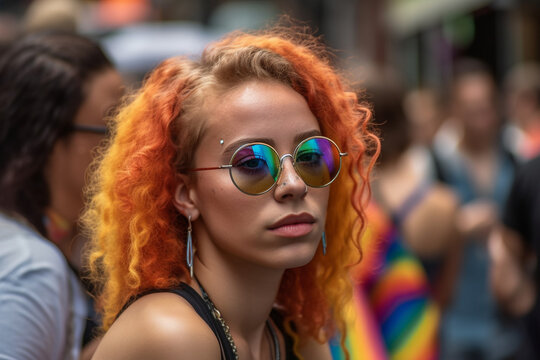LGBTQ pride parade. Portrait of young hipster woman with red curly hair outdoor