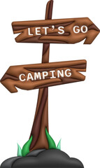 3D illustration camp wooden pointer for camping and outdoor travel expedition.