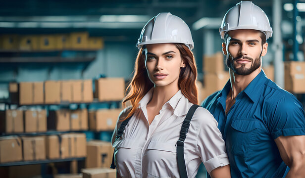 Portrait of happy industrial factory workers. Man and woman, professional worker in a helmet. Labour day concept with people. AI Generative