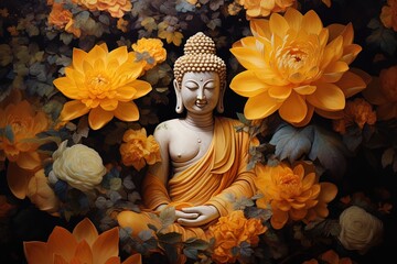 Buddha statue with yellow flowers on black background.Generative Ai