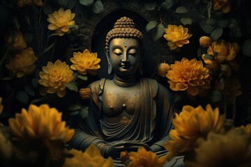 Fototapeta premium Buddha statue with yellow flowers on black background.Generative Ai