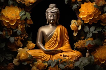 Buddha statue with yellow flowers on black background.Generative Ai