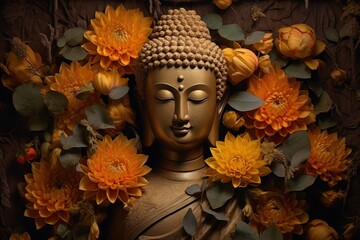 Buddha statue with yellow flowers on black background.Generative Ai - obrazy, fototapety, plakaty