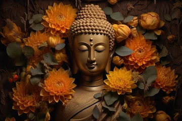 Rolgordijnen Buddha statue with yellow flowers on black background.Generative Ai © Rudsaphon