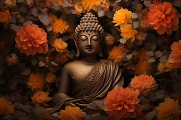 Fototapeten Buddha statue with yellow flowers on black background.Generative Ai © Rudsaphon