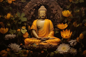  Buddha statue with yellow flowers on black background.Generative Ai © Rudsaphon