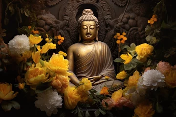 Foto op Plexiglas Buddha statue with yellow flowers on black background.Generative Ai © Rudsaphon