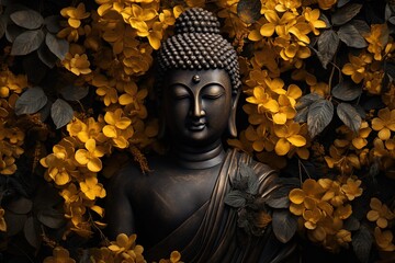 Buddha statue with yellow flowers on black background.Generative Ai