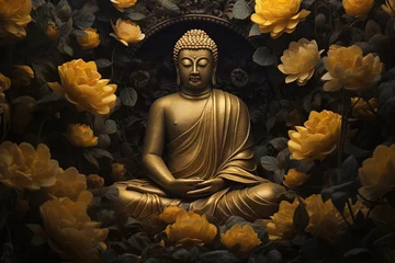 Tuinposter Buddha statue with yellow flowers on black background.Generative Ai © Rudsaphon