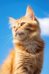 A red cute cat sits against a blue sky.