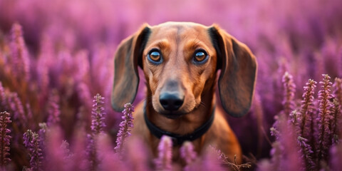 Dachshund dog in purple heather flower field.